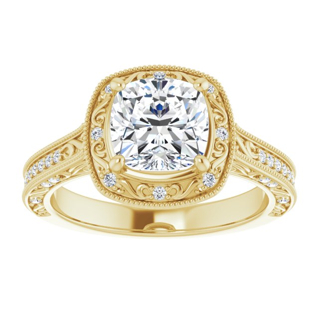 Cubic Zirconia Engagement Ring- The Eowyn (Customizable Vintage Artisan Cushion Cut Design with 3-Sided Filigree and Side Inlay Accent Enhancements)