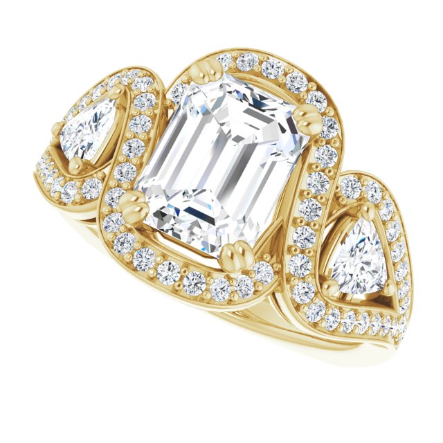 Cubic Zirconia Engagement Ring- The Ana Miranda (Customizable Emerald Cut Center with Twin Trillion Accents, Twisting Shared Prong Split Band, and Halo)