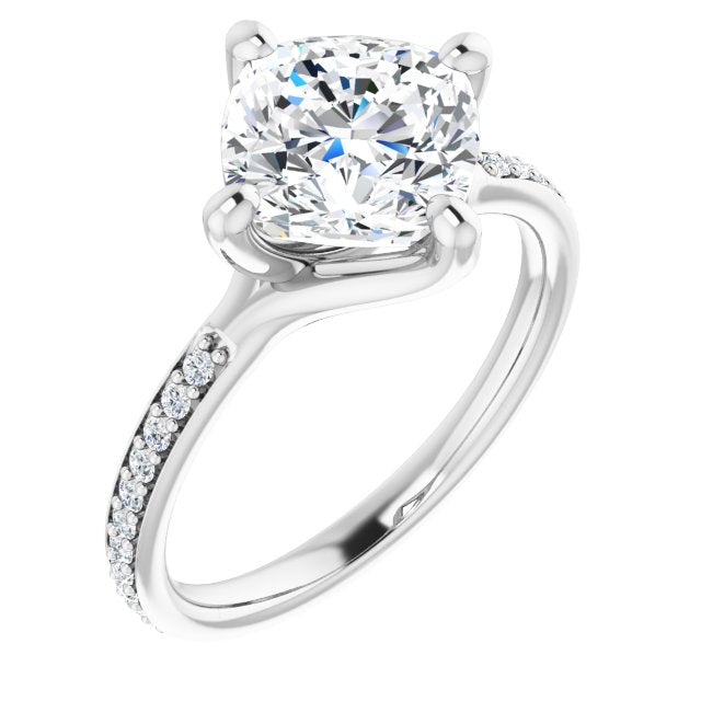 14K White Gold Customizable Cushion Cut Design featuring Thin Band and Shared-Prong Round Accents