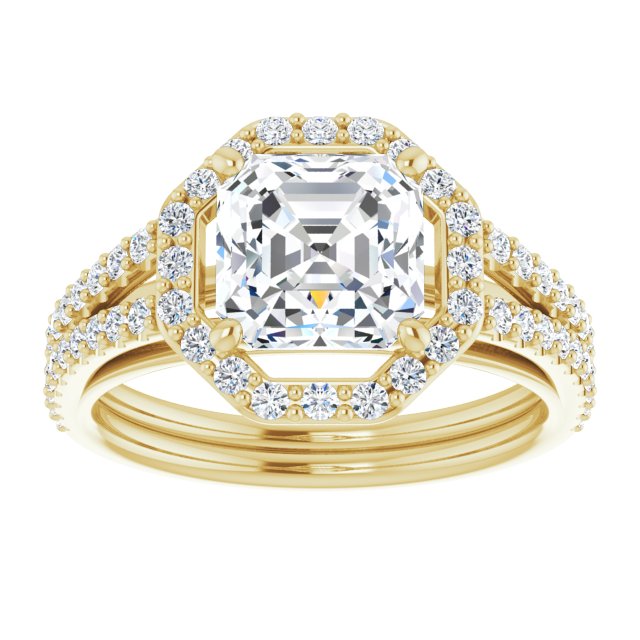 Cubic Zirconia Engagement Ring- The Danieela (Customizable Cathedral Asscher Cut Design with Geometric Halo & Split Pavé Band)