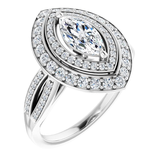 10K White Gold Customizable Cathedral-style Marquise Cut Design with Double Halo & Split-Pavé Band