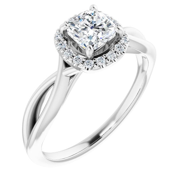 10K White Gold Customizable Cathedral-Halo Cushion Cut Design with Twisting Split Band