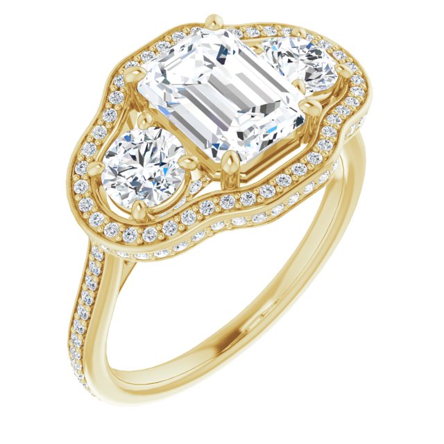 Cubic Zirconia Engagement Ring- The Iekika (Customizable 3-stone Emerald Cut Design with Multi-Halo Enhancement and 150+-stone Pavé Band)