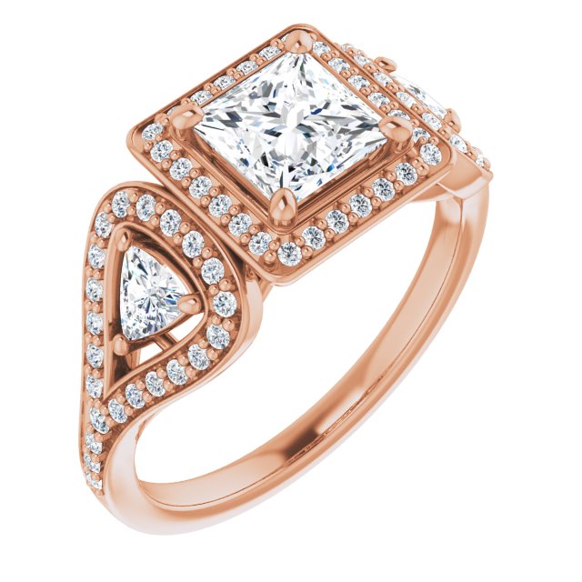 10K Rose Gold Customizable Cathedral-set Princess/Square Cut Design with 2 Trillion Cut Accents, Halo and Split-Shared Prong Band