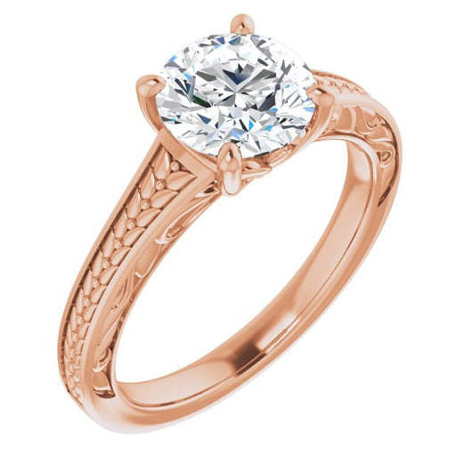 10K Rose Gold Customizable Round Cut Solitaire with Organic Textured Band and Decorative Prong Basket