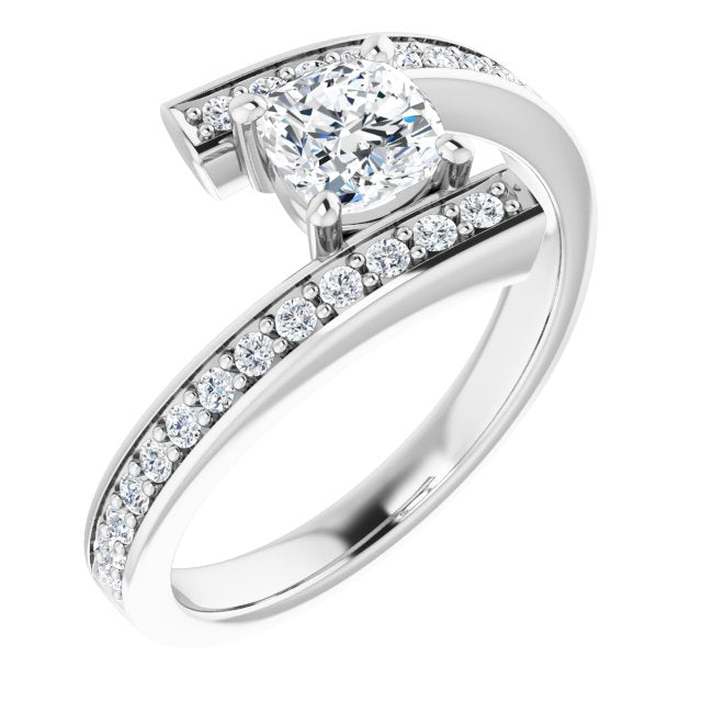 10K White Gold Customizable Faux-Bar-set Cushion Cut Design with Accented Bypass Band