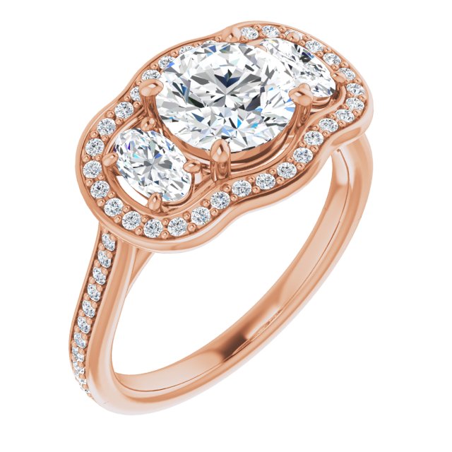 10K Rose Gold Customizable Round Cut Style with Oval Cut Accents, 3-stone Halo & Thin Shared Prong Band