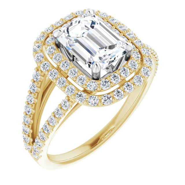 14K Yellow & White Gold Customizable Emerald/Radiant Cut Design with Double Halo and Wide Split-Pavé Band