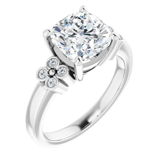 10K White Gold Customizable 9-stone Design with Cushion Cut Center and Complementary Quad Bezel-Accent Sets