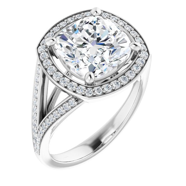 14K White Gold Customizable Cathedral-Halo Cushion Cut Style featuring Split-Shared Prong Band