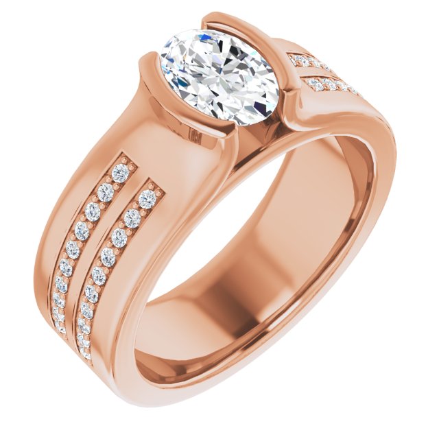 10K Rose Gold Customizable Bezel-set Oval Cut Design with Thick Band featuring Double-Row Shared Prong Accents