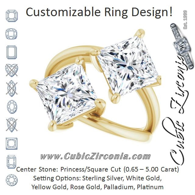 Cubic Zirconia Engagement Ring- The Melaine (Customizable Two Stone Double Princess/Square Cut Design with Split Bypass Band)