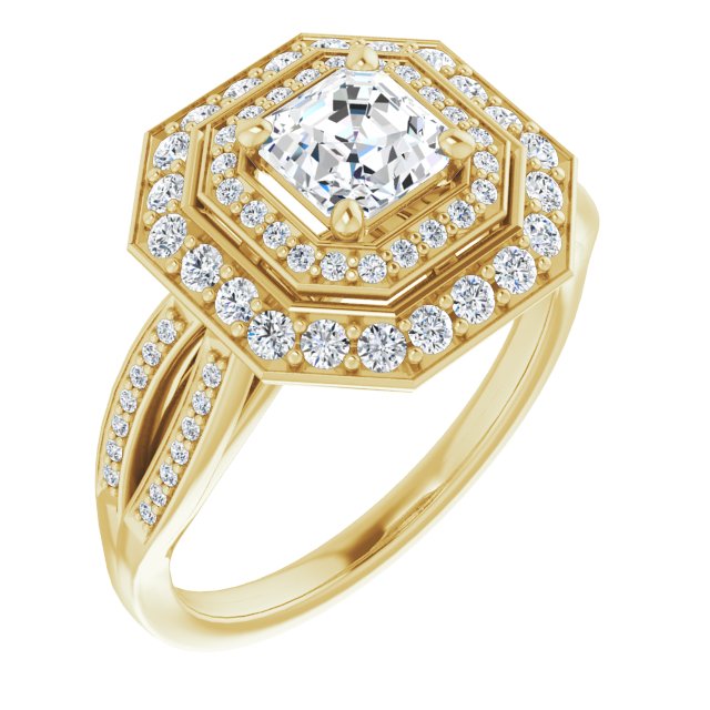 10K Yellow Gold Customizable Cathedral-style Asscher Cut Design with Double Halo & Split-Pavé Band