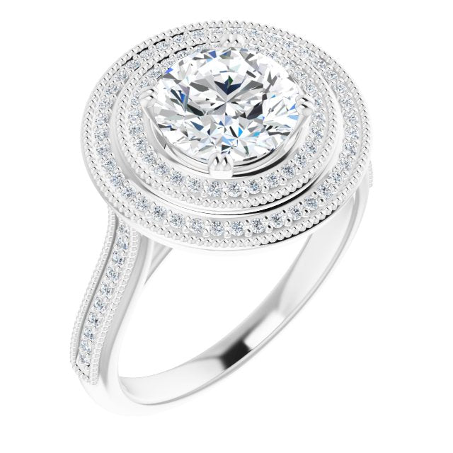 10K White Gold Customizable Round Cut Design with Elegant Double Halo, Houndstooth Milgrain and Band-Channel Accents