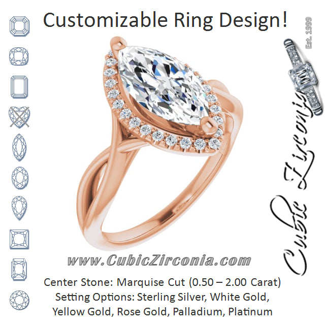 Cubic Zirconia Engagement Ring- The Yawén (Customizable Cathedral-Halo Marquise Cut Design with Twisting Split Band)