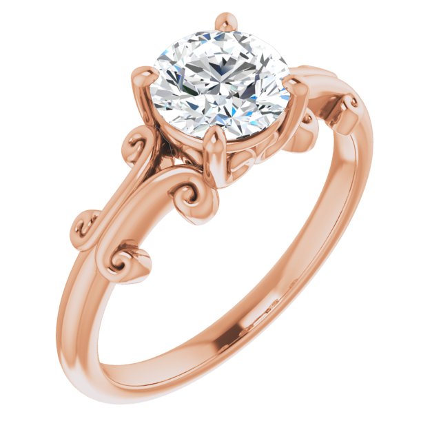 10K Rose Gold Customizable Round Cut Solitaire with Band Flourish and Decorative Trellis