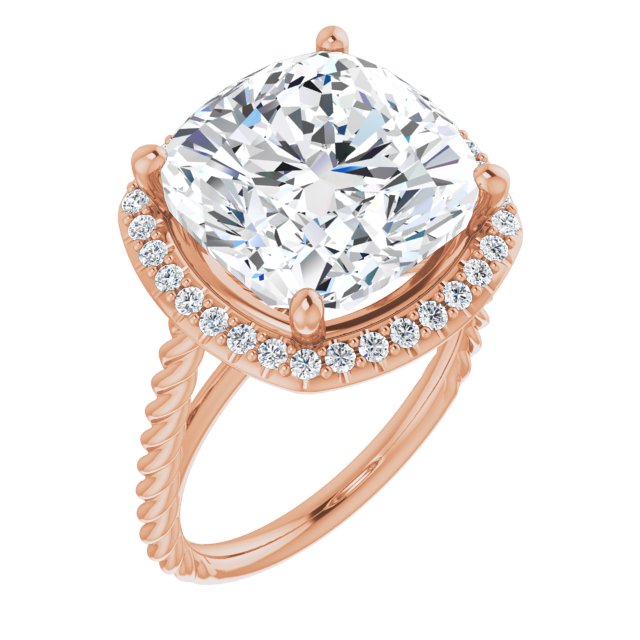 10K Rose Gold Customizable Cathedral-set Cushion Cut Design with Halo and Twisty Rope Band