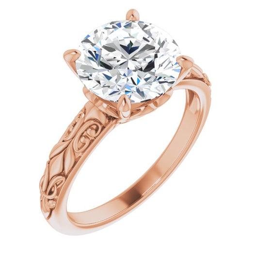 10K Rose Gold Customizable Round Cut Solitaire featuring Delicate Metal Scrollwork