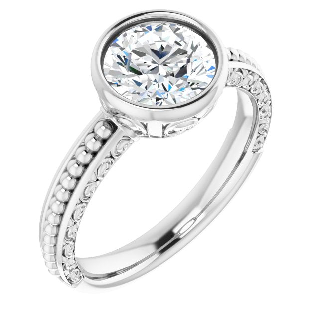 10K White Gold Customizable Bezel-set Round Cut Solitaire with Beaded and Carved Three-sided Band