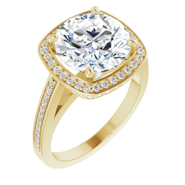 10K Yellow Gold Customizable Cathedral-set Round Cut Design with Halo, Thin Pavé Band & Round-Bezel Peekaboos