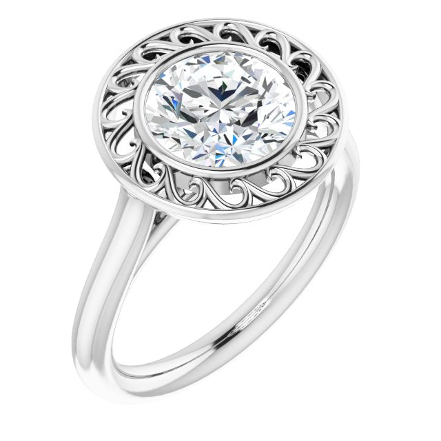 14K White Gold Customizable Cathedral-Bezel Style Round Cut Solitaire with Flowery Filigree