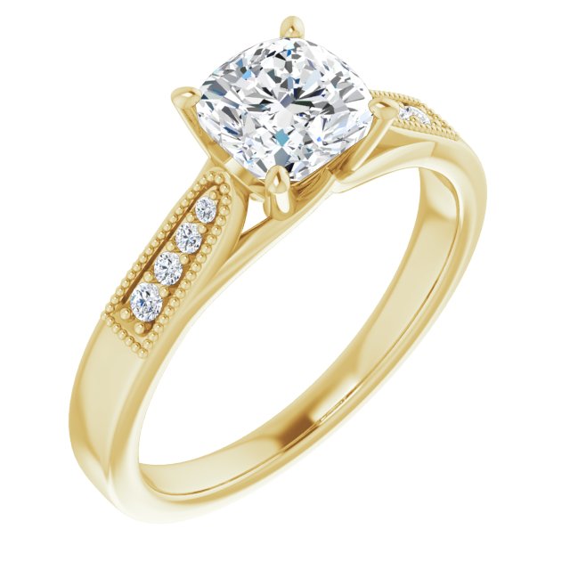 10K Yellow Gold Customizable 9-stone Vintage Design with Cushion Cut Center and Round Band Accents