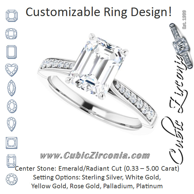 Cubic Zirconia Engagement Ring- The Ella Gabriela (Customizable Emerald Cut Design with Tapered Euro Shank and Graduated Band Accents)