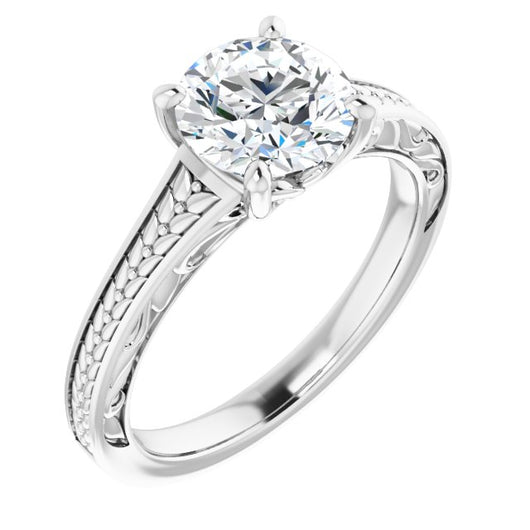 10K White Gold Customizable Round Cut Solitaire with Organic Textured Band and Decorative Prong Basket