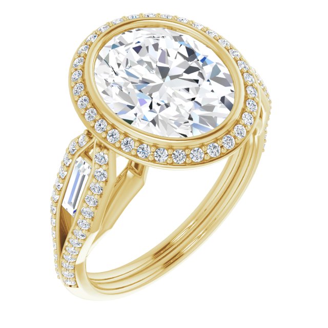 14K Yellow Gold Customizable Cathedral-Bezel Oval Cut Design with Halo, Split-Pavé Band & Channel Baguettes