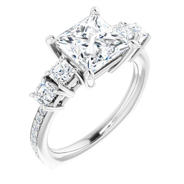 Cubic Zirconia Engagement Ring- The Harmony (Customizable Princess/Square Cut 5-stone Style with Quad Princess/Square Accents plus Shared Prong Band)