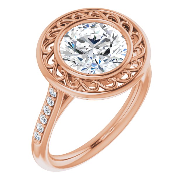 14K Rose Gold Customizable Cathedral-Bezel Round Cut Design with Floral Filigree and Thin Shared Prong Band