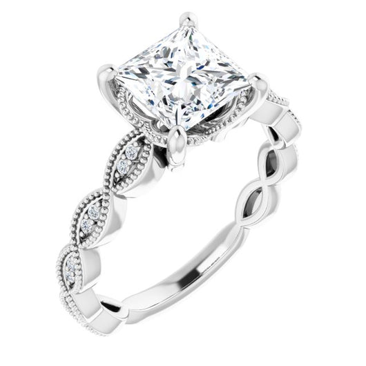 10K White Gold Customizable Princess/Square Cut Artisan Design with Scalloped, Round-Accented Band and Milgrain Detail