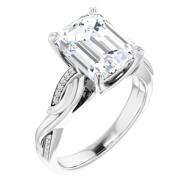 10K White Gold Customizable Cathedral-raised Emerald/Radiant Cut Design featuring Rope-Braided Half-Pavé Band