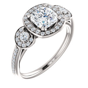 Cubic Zirconia Engagement Ring- The Téa (Cushion Cut Customizable 3-Stone Cathedral-Halo with Accented Band)