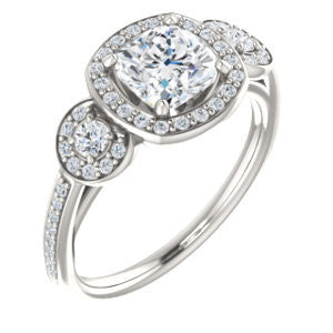 Cubic Zirconia Engagement Ring- The Téa (Cushion Cut Customizable 3-Stone Cathedral-Halo with Accented Band)