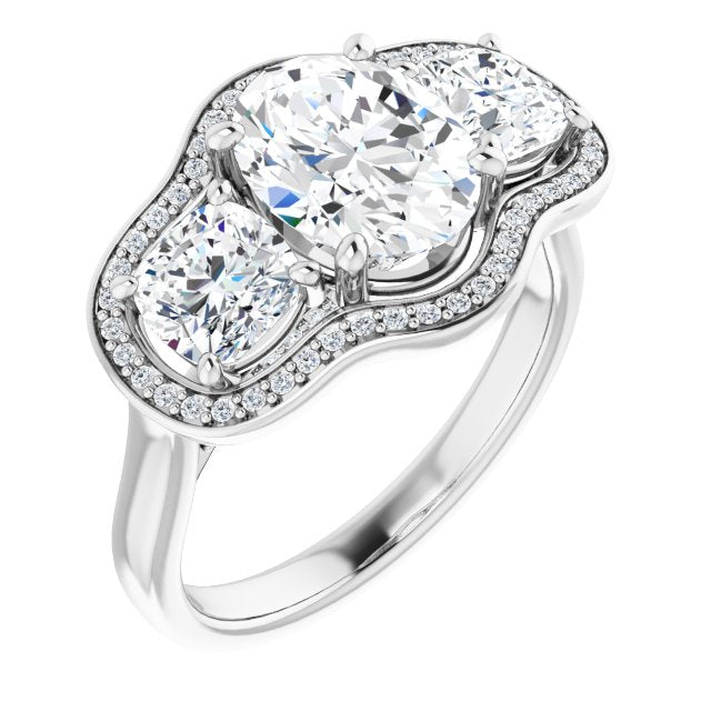 10K White Gold Customizable 3-stone Design with Oval Cut Center, Cushion Side Stones, Triple Halo and Bridge Under-halo