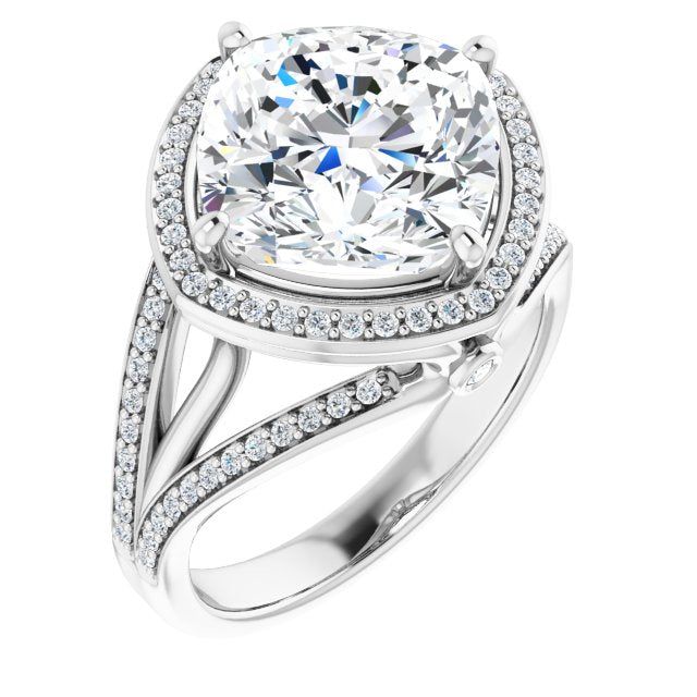 10K White Gold Customizable High-set Cushion Cut Design with Halo, Wide Tri-Split Shared Prong Band and Round Bezel Peekaboo Accents