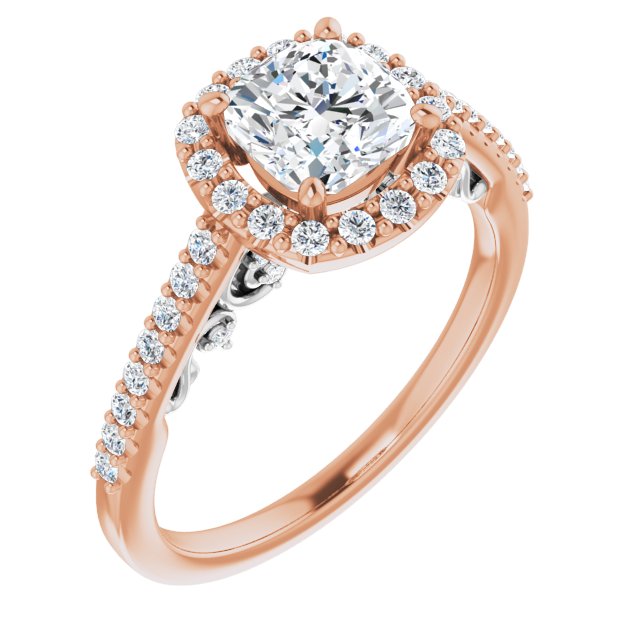 14K Rose & White Gold Customizable Cathedral-Halo Cushion Cut Design with Carved Metal Accent plus Pavé Band