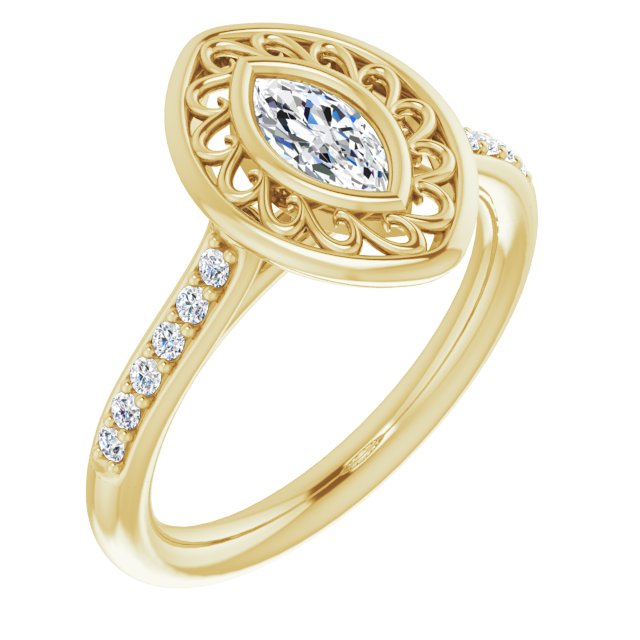 10K Yellow Gold Customizable Cathedral-Bezel Marquise Cut Design with Floral Filigree and Thin Shared Prong Band
