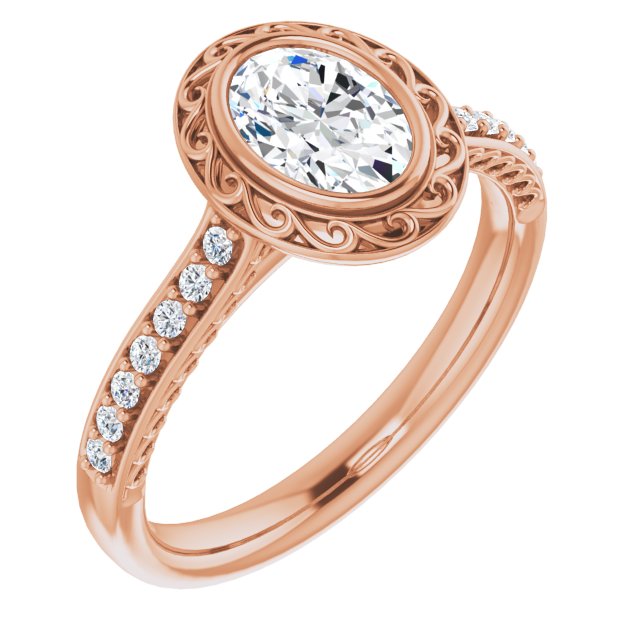 10K Rose Gold Customizable Cathedral-Bezel Oval Cut Design featuring Accented Band with Filigree Inlay
