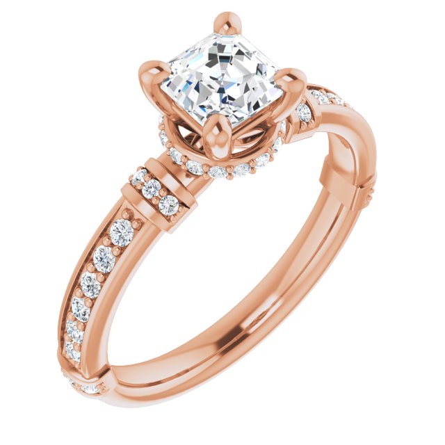 10K Rose Gold Customizable Asscher Cut Style featuring Under-Halo, Shared Prong and Quad Horizontal Band Accents