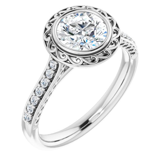 10K White Gold Customizable Cathedral-Bezel Round Cut Design featuring Accented Band with Filigree Inlay