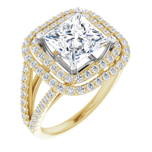 14K Yellow & White Gold Customizable Princess/Square Cut Design with Double Halo and Wide Split-Pavé Band