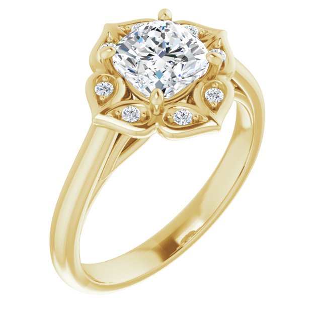 10K Yellow Gold Customizable Cathedral-raised Cushion Cut Design with Star Halo & Round-Bezel Peekaboo Accents
