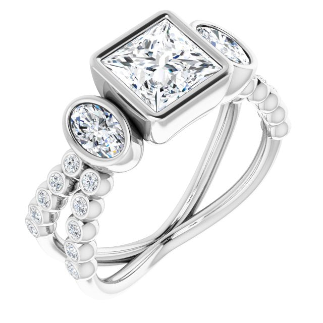 10K White Gold Customizable Bezel-set Princess/Square Cut Design with Dual Bezel-Oval Accents and Round-Bezel Accented Split Band