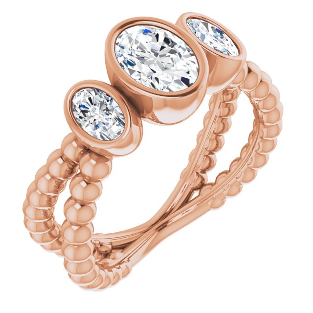 10K Rose Gold Customizable 3-stone Oval Cut Design with 2 Oval Cut Side Stones and Wide, Bubble-Bead Split-Band