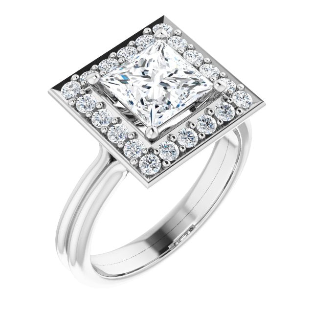 10K White Gold Customizable Cluster-Halo Accented Princess/Square Cut Style with Tapered Dual Band