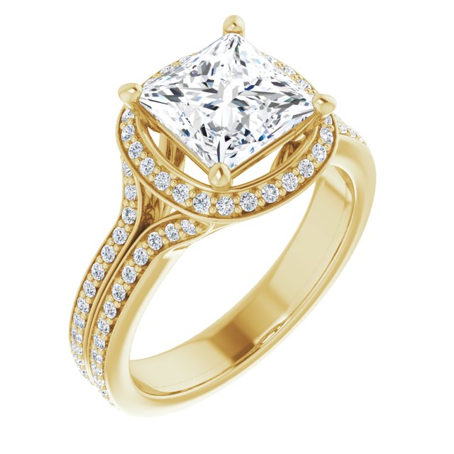 10K Yellow Gold Customizable Cathedral-raised Princess/Square Cut Setting with Halo and Shared Prong Band