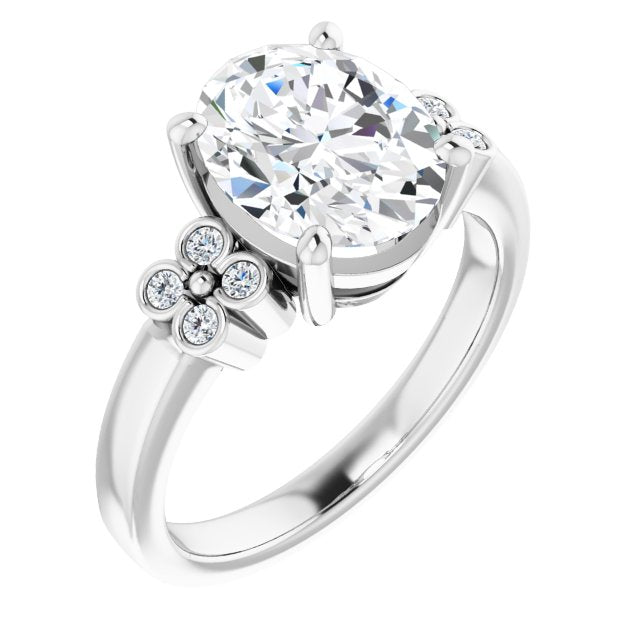 10K White Gold Customizable 9-stone Design with Oval Cut Center and Complementary Quad Bezel-Accent Sets