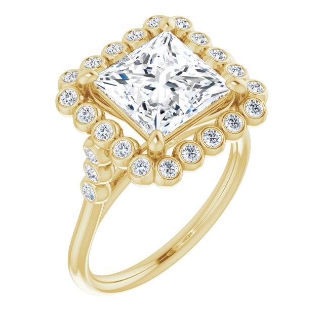 10K Yellow Gold Customizable Princess/Square Cut Cathedral-Style Clustered Halo Design with Round Bezel Accents